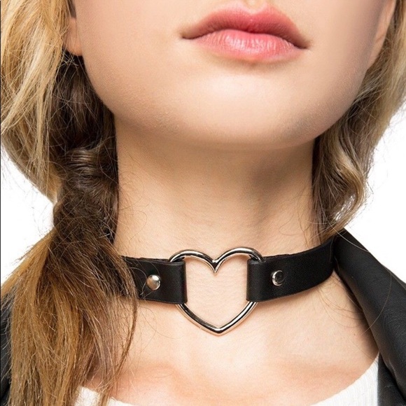 Goth Chrome Heart Choker / Wrapped Layer Bracelet w Black Adjustable Strap NIBag - Picture 3 of 14
